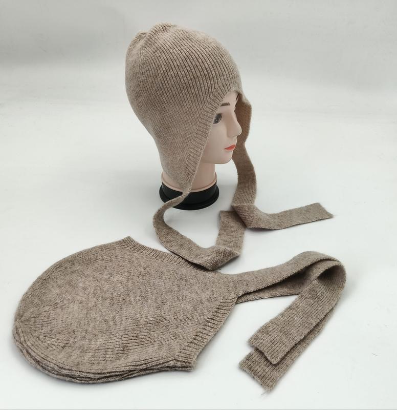 ベージュリブ編みボンネット帽、長い結び紐付き防寒耳当てニットキャップ - small batch order accepted