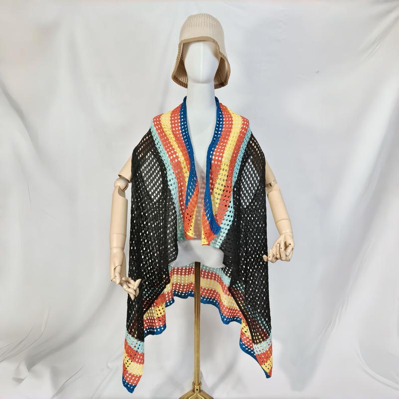 ブラッククロッシェメッシュオープンフロントベスト、レインボーストライプボーダー付き - certified scarf manufacturer China