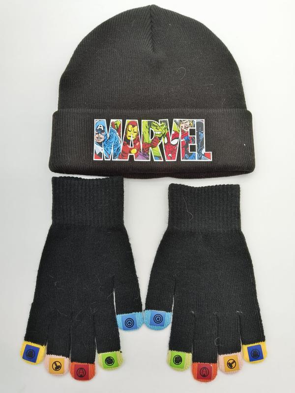 マーベルロゴ付き黒ニット帽と指なし手袋セット、カラフルなキャラクター刺繍 - bulk scarf supplier Japan