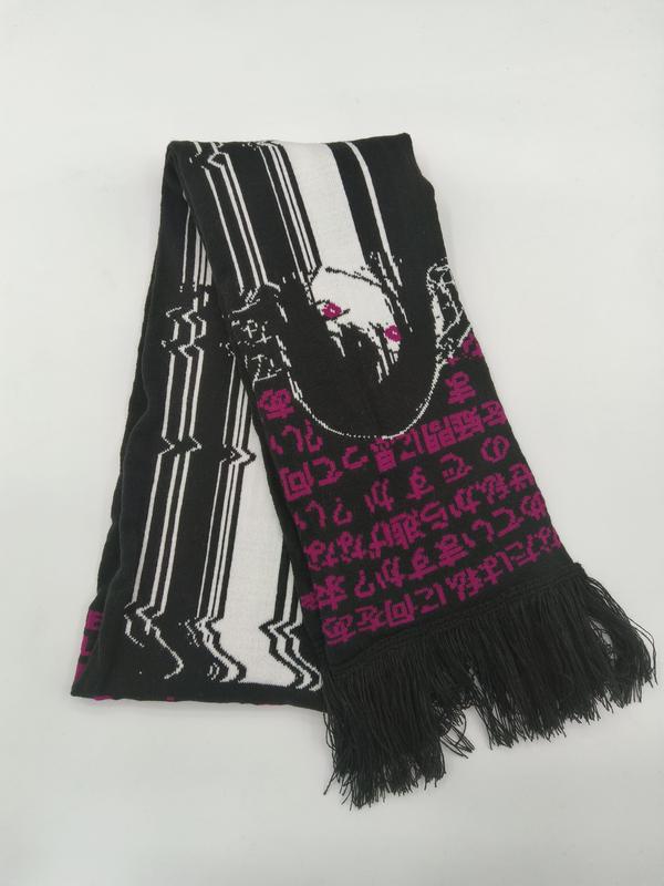 ブラック×ピンクのジャカードニットスカーフ、アジア文字プリント＆フリンジ付き - custom color & size accepted