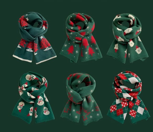 Set di 6 sciarpe natalizie in maglia verde e rossa con motivi natalizi, inclusi alberi, pupazzi di neve e renne. Accessori invernali all'ingrosso in tricot jacquard, ideali per le festività. Disponibili in 6 stili assortiti per rivenditori e negozi d