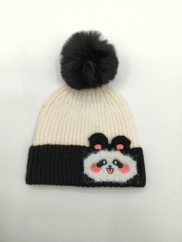 クリーム×ブラックのリブニットパンダビーニー帽、フォックスファーポンポン付き - sample order 7 days