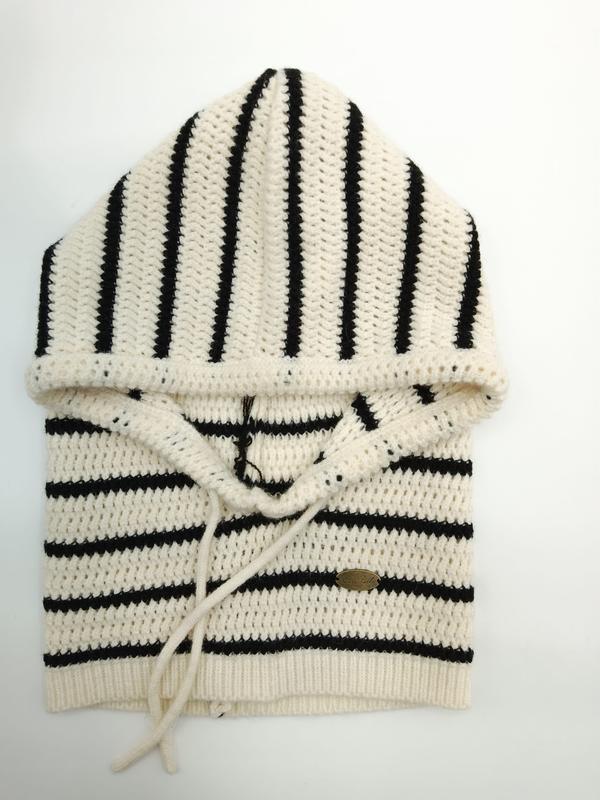 クリーム＆ブラックストライプ柄クロシェニットドローストリングフーディーセーター - small batch order accepted