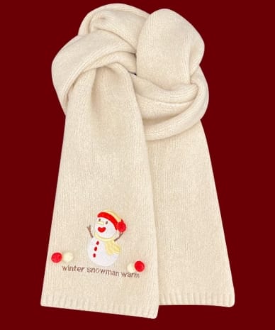 クリーム色ニットスカーフ、雪だるま刺繍と赤いポンポン付き冬物