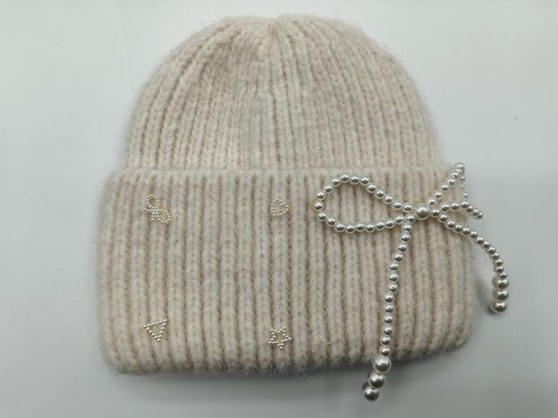 クリーム色リブニットビーニー帽、パール蝶結びとラインストーン装飾付き冬帽子 - wholesale fashion accessories