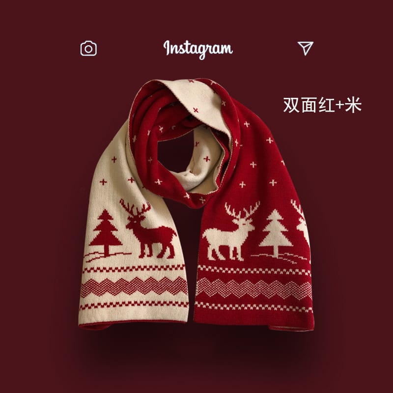リバーシブル赤×クリームニットマフラー、トナカイ柄クリスマスノルディック模様