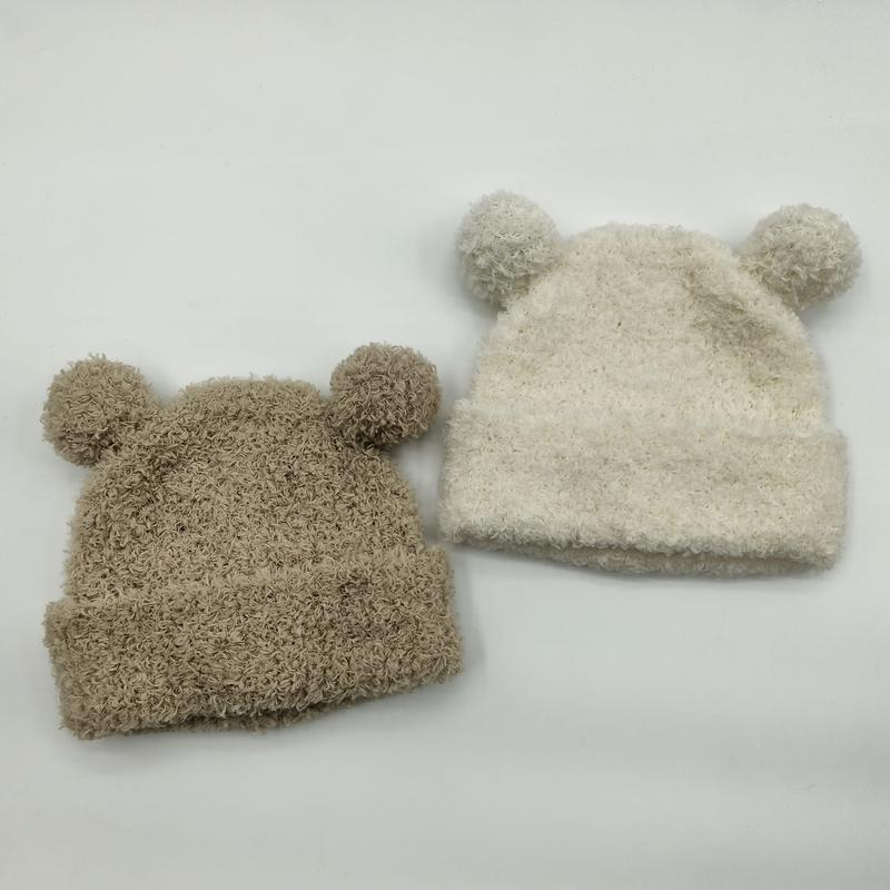 ベージュ&クリームのクマ耳ポンポン付きふわふわニット赤ちゃんビーニー2個セット - retail buyer inquiry welcome