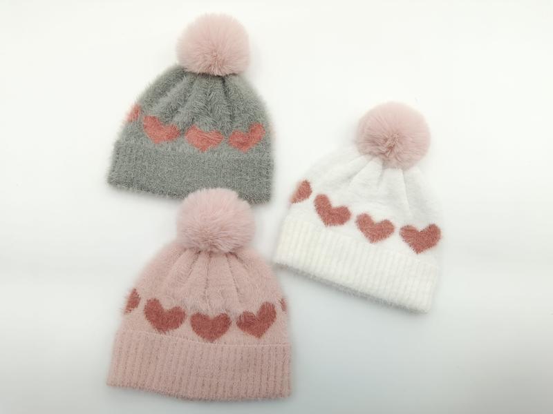 ハート柄ファジーニットポンポンビーニー帽3色セット（グレー・ピンク・白） - certified scarf manufacturer China