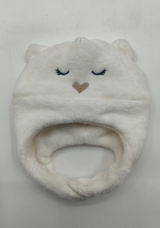 アイボリープラッシュフリース製ベビークマ耳帽子、刺繍顔付き - custom color & size accepted