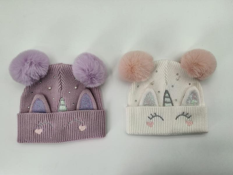 ラベンダー＆クリームのニット素材ユニコーンビーニー、ダブルポンポムとキラキラホーン付き子供用帽子 - Oeko-Tex certified supplier