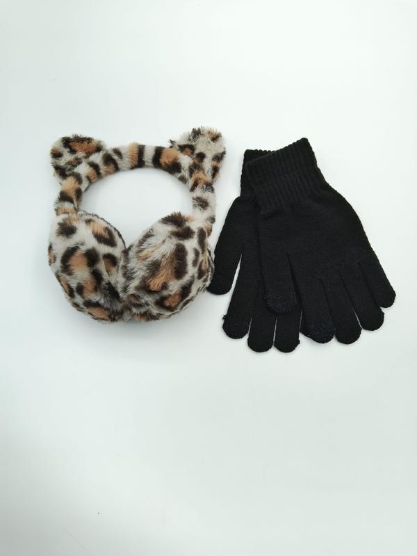 レオパード柄フェイクファー猫耳イヤーマフと黒ニットタッチスクリーン手袋セット - private label wholesale