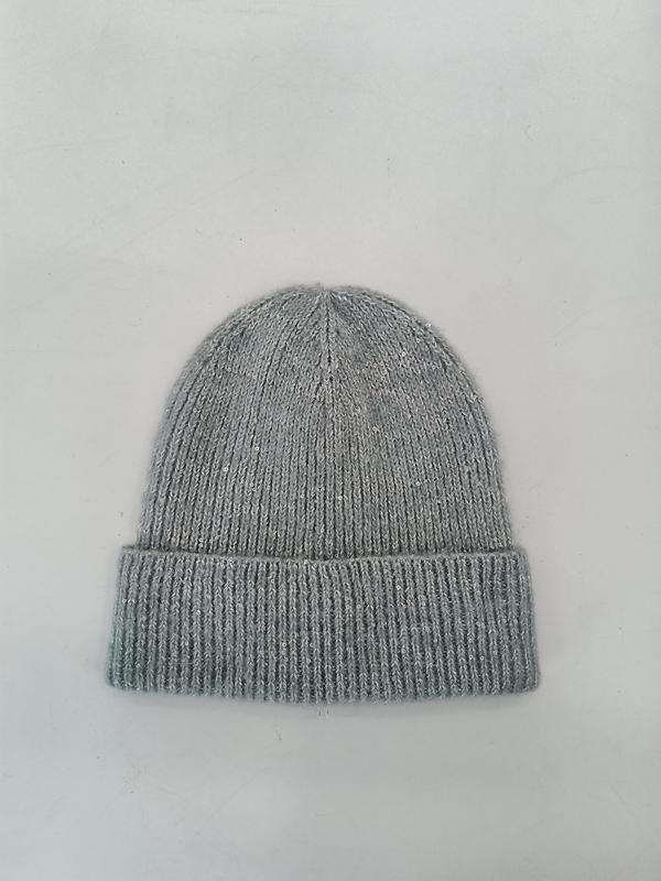 ライトグレーニット帽｜シルバースパンコール刺繍リブ折り返しビーニー