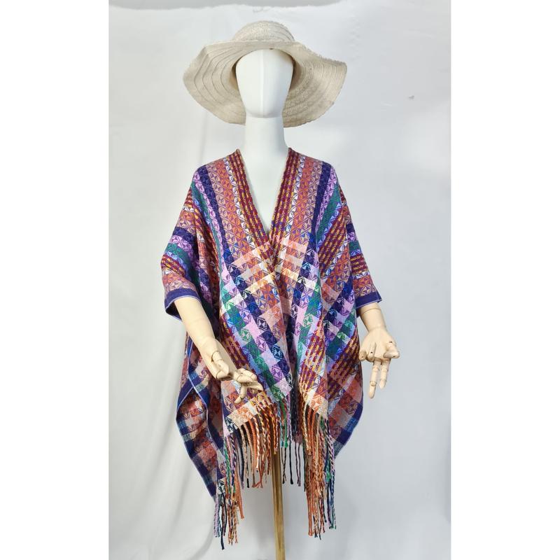 マルチカラー幾何学模様のフリンジポンチョラップ、ボヘミアンスタイル - certified scarf manufacturer China