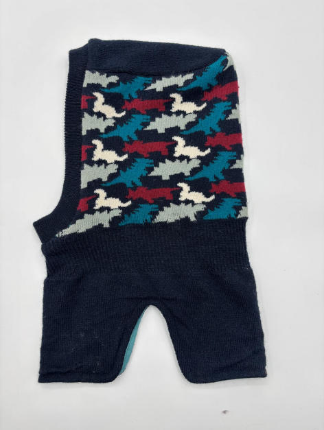 Maglione senza maniche per cani in maglia navy blue con pattern intarsia astratto multicolore raffigurante uccelli stilizzati in teal, bordeaux e bianco. Capo lavorato a maglia, elegante e colorato, ideale per cani di piccola taglia. Abbigliamento pe