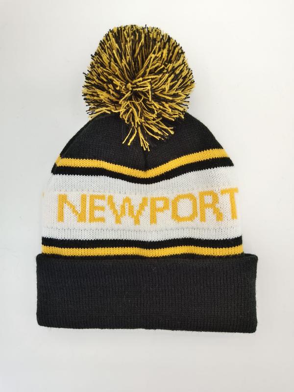ブラック・ホワイト・イエローのストライプニット「Newport」ポンポン付きビーニー帽 - 7-day sample lead time