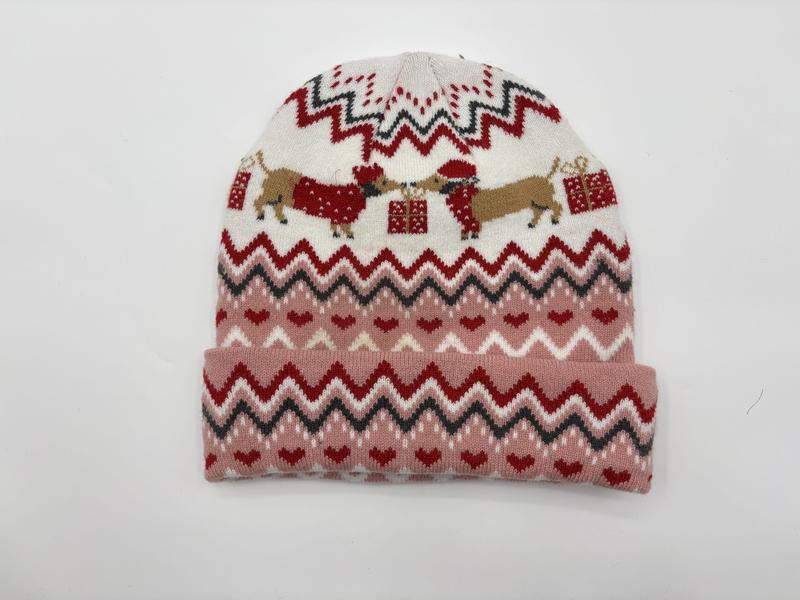 ピンク×クリームのダックスフント柄フェアアイル編みビーニーニット帽 - factory direct wholesale price