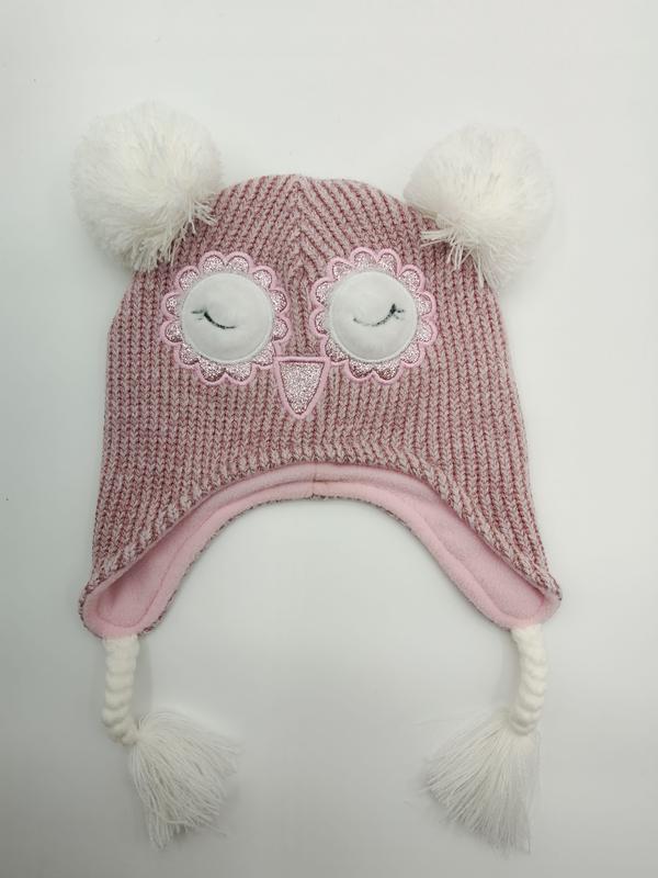 ピンクのふくろう刺繍ニットビーニー帽、ポンポンと耳フラップ付き子供用冬帽子