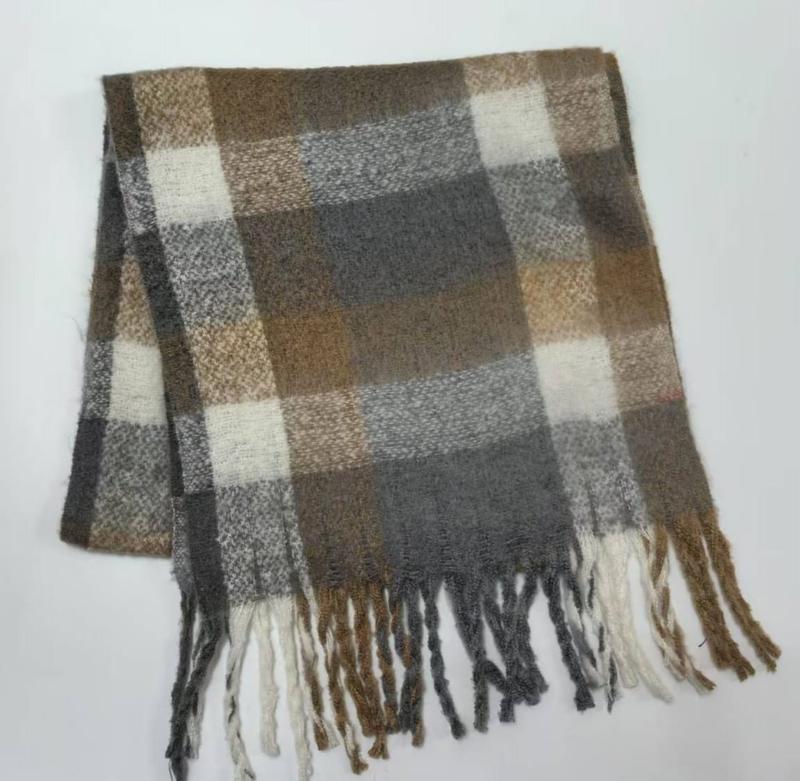ブラウン・グレー・クリームのプレイドフリンジスカーフ、ウールブレンド素材 - winter accessories wholesaler