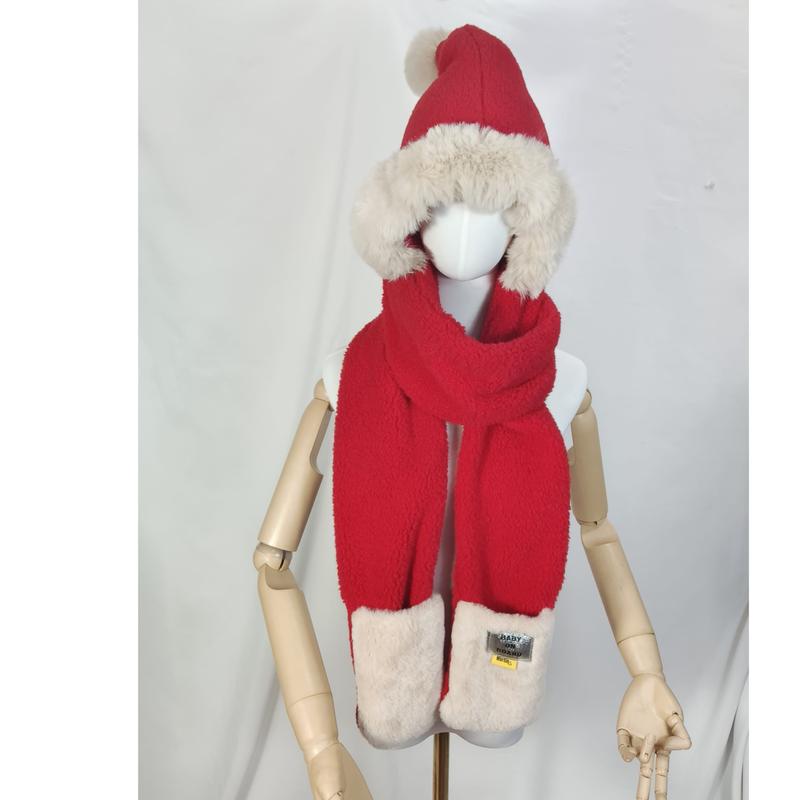 赤いフリース素材キッズ冬用帽子とマフラーセット、クリームフェイクファーとポンポン付き - B2B wholesale inquiry welcome