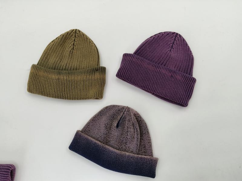 オリーブ・パープル・グレーネイビーのリブニットビーニーハット3色セット - bulk order discount available