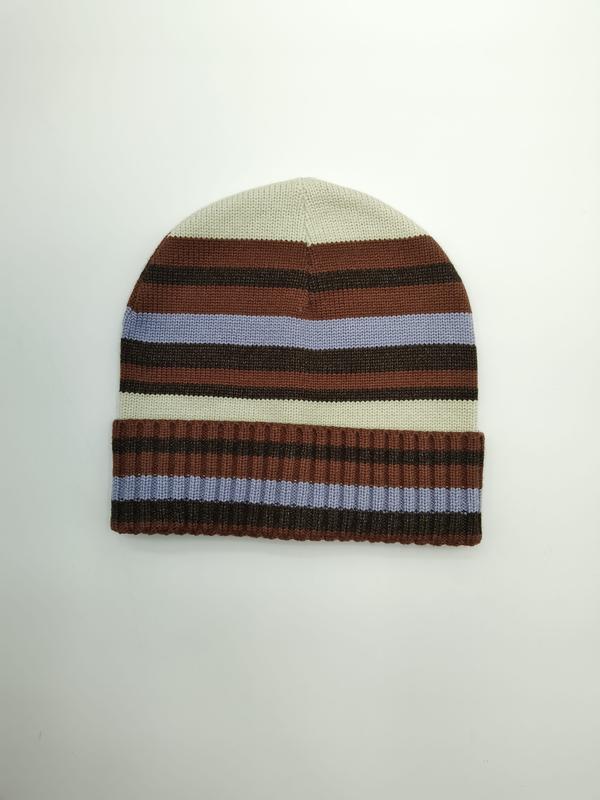 ストライプ柄ニットビーニー帽、クリーム・ブラウン・チョコ・青紫の横縞折り返しキャップ - winter accessories wholesaler