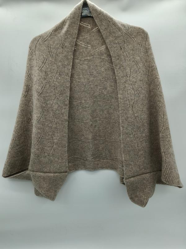 Cardigan shrug aperto frontalmente in maglia pointelle color taupe beige con motivo traforato a rombi in pizzo e polsini a coste. Capo spalla leggero dai dettagli artigianali, ideale come accessorio moda versatile da giorno. - hotel amenity supplier